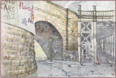 Painting by Charlie Rogers, from page 47 of Pursued by Bulldozers