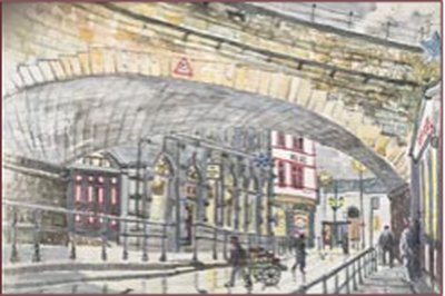 Painting by Charlie Rogers, from page 47 of Pursued by Bulldozers