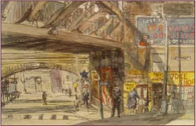Painting by Charlie Rogers, from page 50 of Pursued by Bulldozers