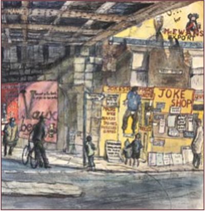 Painting by Charlie Rogers, from page 50 of Pursued by Bulldozers