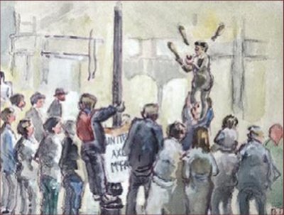 Painting by Charlie Rogers, from page 79 of Pursued by Bulldozers
