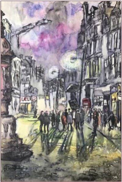 Painting by Charlie Rogers, from page 82 of Pursued by Bulldozers