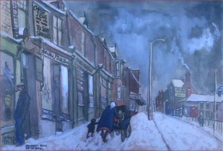 A snowbound Bensham Road at dusk, painted by Charlie Rogers